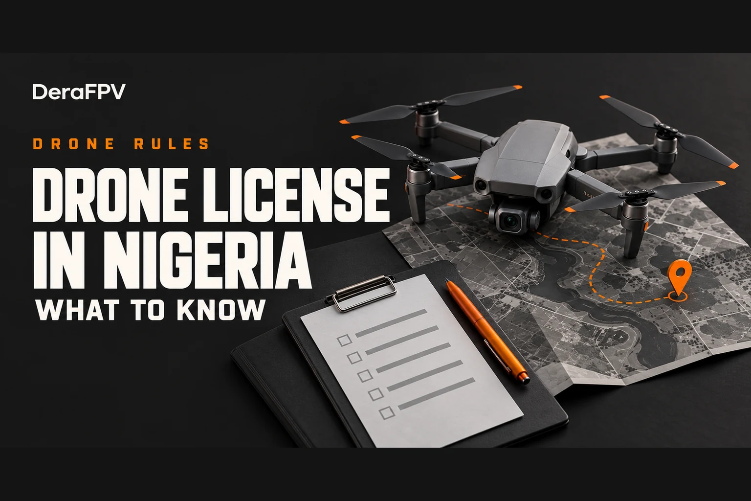 Illustrated drone, flight map and checklist with the heading Drone license in Nigeria: what to know.