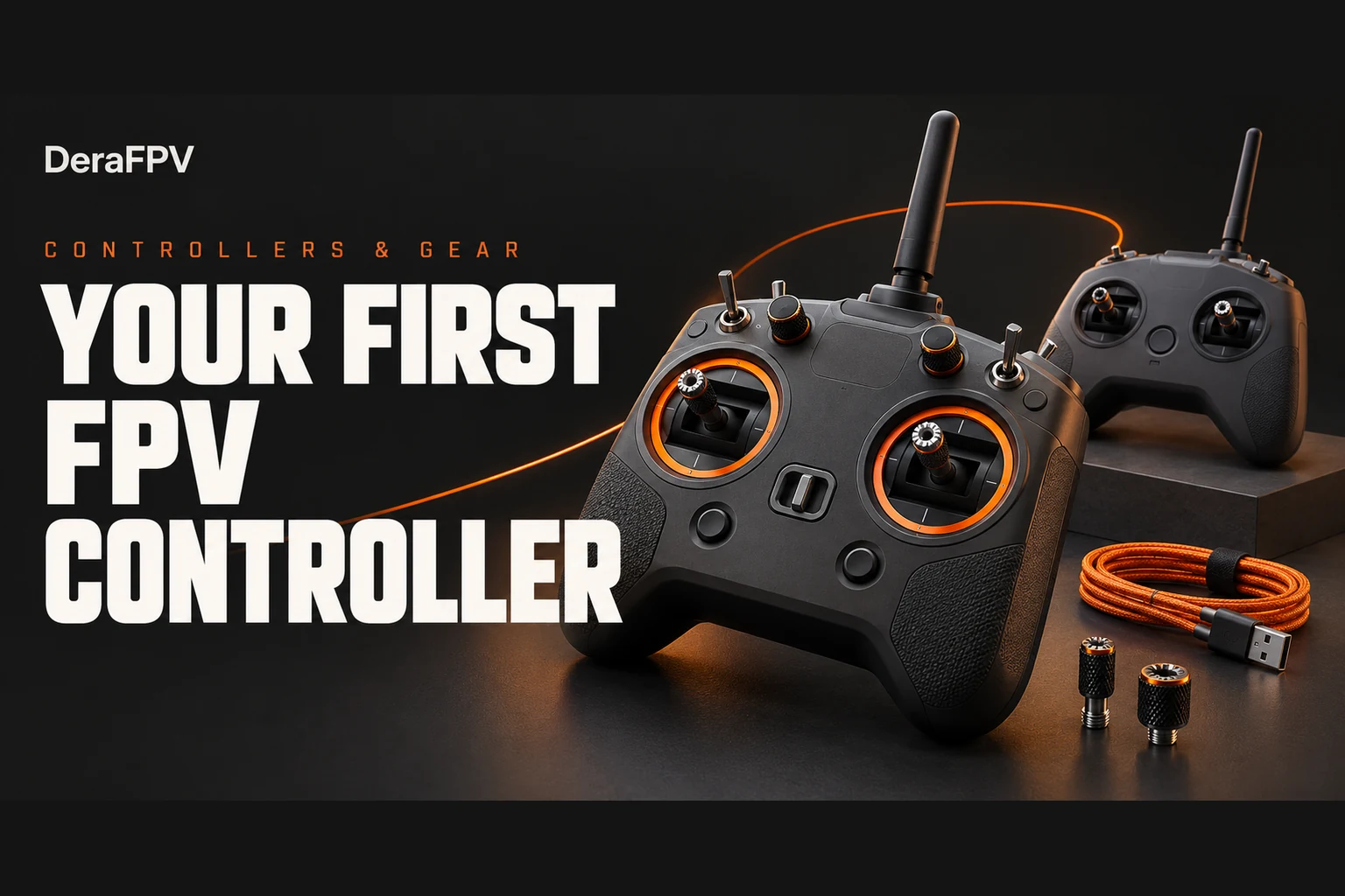 Illustrated FPV radio controllers and USB cable with the heading Your first FPV controller.