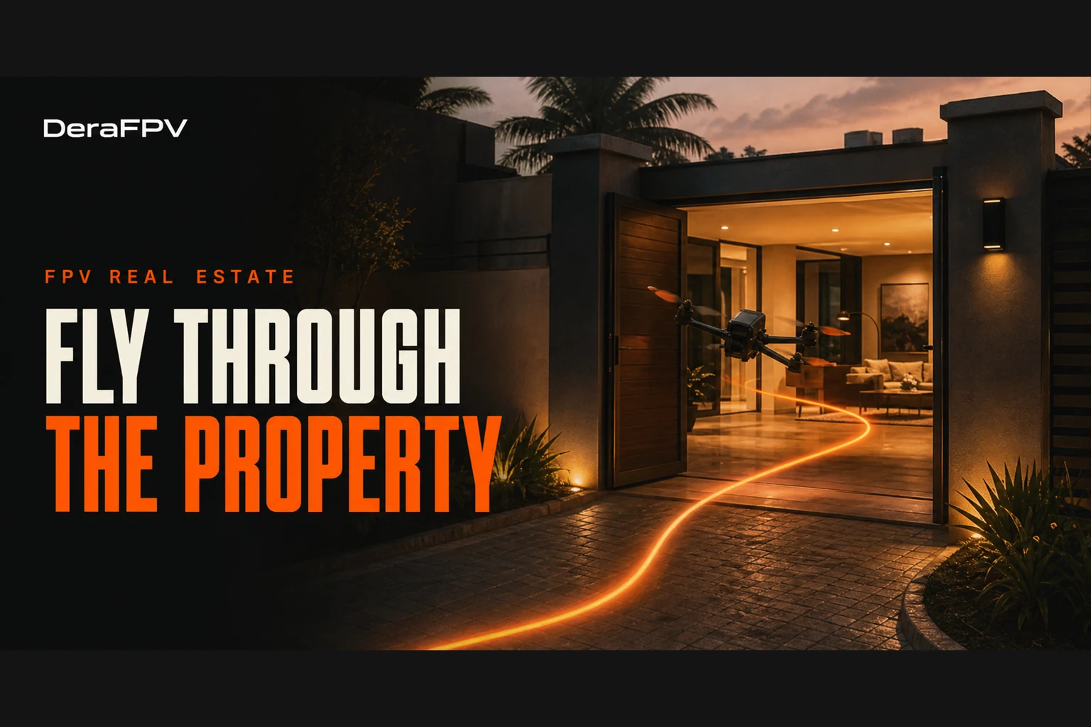 Illustrated FPV drone flying through the open front door of a modern home at dusk, trailing an orange flight path from the gate, beside the heading Fly through the property.