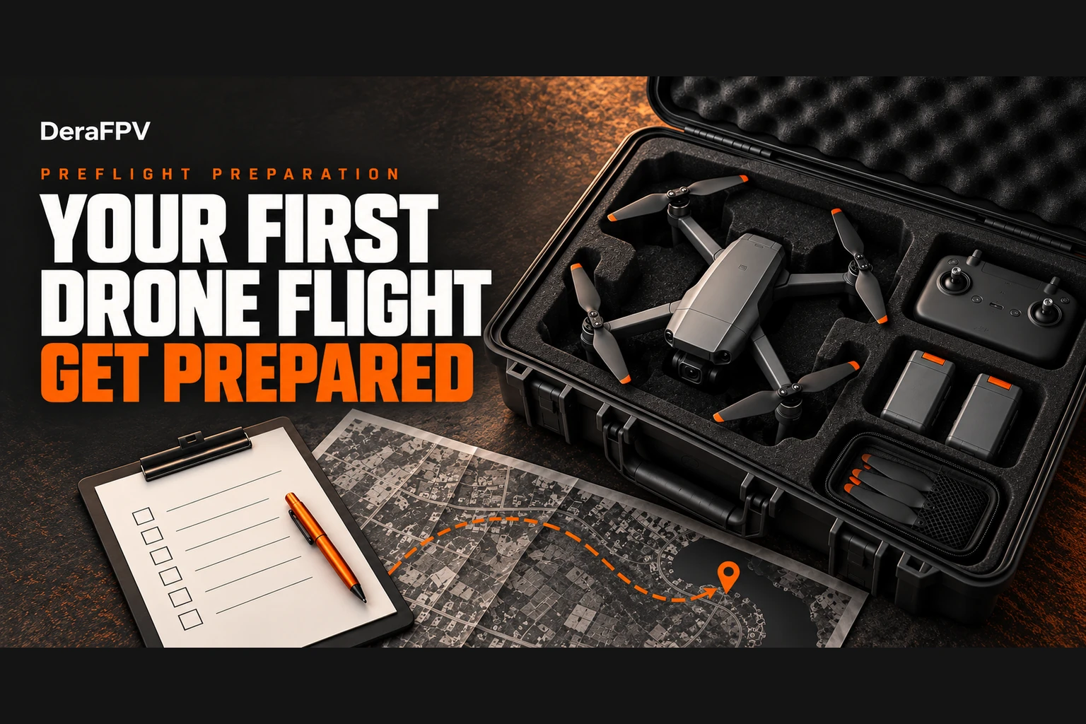Drone kit in a protective case beside a checklist and map, with the heading Your first drone flight: get prepared.